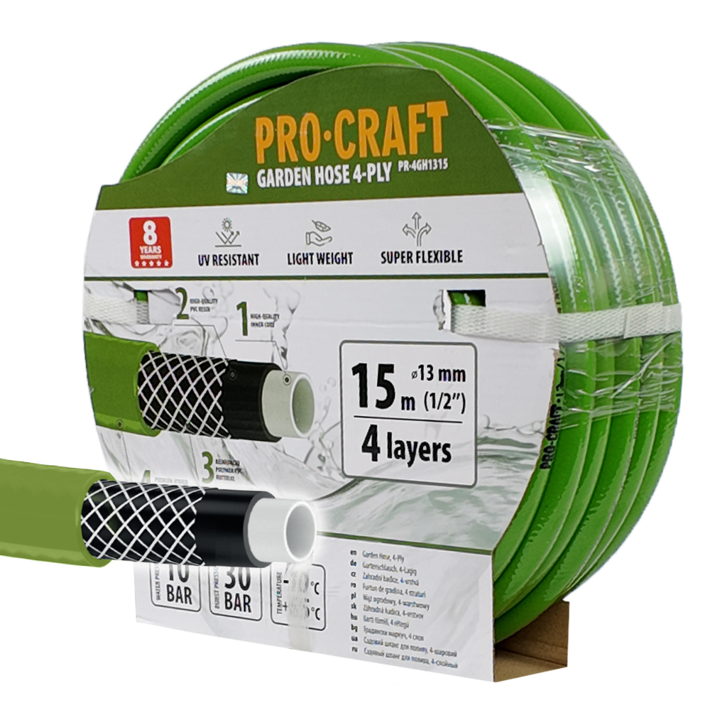 Zelená zahradní hadice Procraft PR-4GH1315 4 vrstvy, 1/2" 15 m | PR-4GH1315